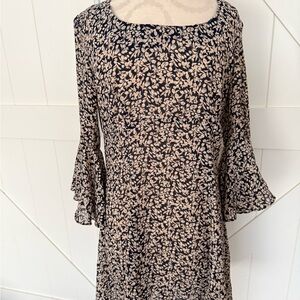 Elisse Navy and Cream Floral dress w/bell Sleeves